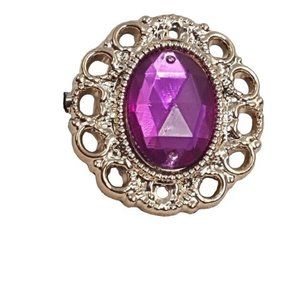 Vintage Gold Tone Purple Plastic Gem Jewel Brooch Lapel Pin